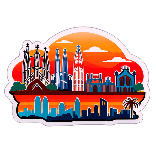 Stiker Seni Pemandangan Barcelona pada Waktu Senja