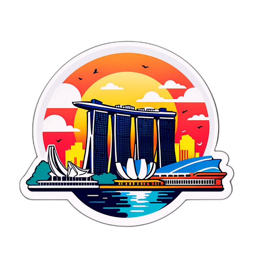 Sticker pictural cu orizontul Singapore-ului la apus