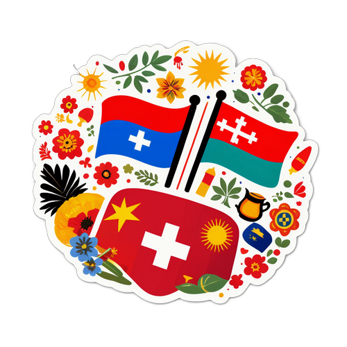 Sticker ter viering van de samensmelting van Spaanse en Zwitserse culturen