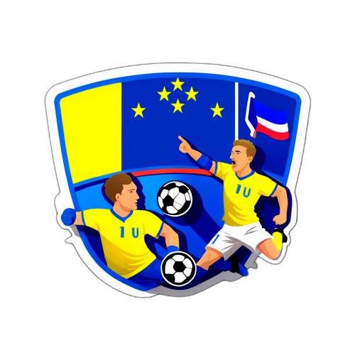 Дизайн наліпки з моментом гри Україна-Франція на футбольному полі з фанатами