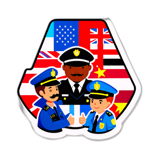 Ilustração de uma reunião de policiais com representantes de diferentes países