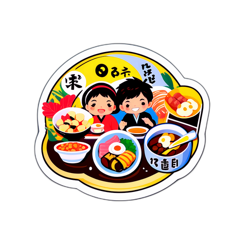 月島の特産を楽しむ人々のイラストステッカー