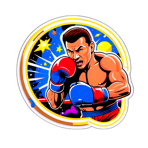 Autocollant de Mihai Leu en pleine action dans le ring avec des météores colorés