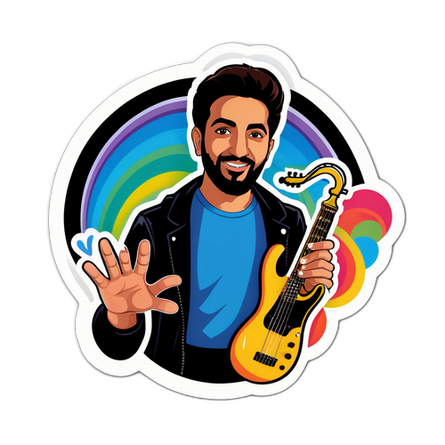 Креативная наклейка с Амиром Альбази и его любимыми инструментами на фоне цветных звуковых волн