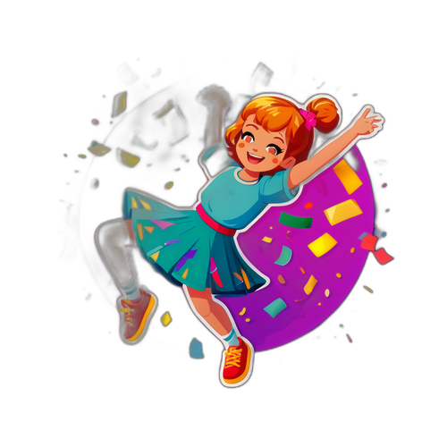 Een kleurrijke sticker van Pluisje die danst met confetti om zich heen