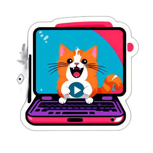 एक अद्भुत डिजाइन जिसमें एक बिल्ली स्क्रीन पर वायरल वीडियो देखते हुए है, जिसमें बिल्ली का आश्चर्यजनक चेहरा है।