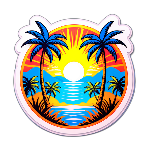 Desenho de um sol tropical com palmeiras