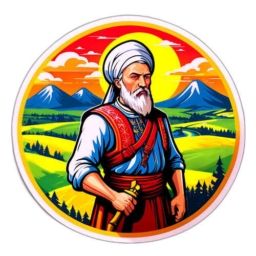 Креативний дизайн наліпки з Грабовським на тлі українського пейзажу