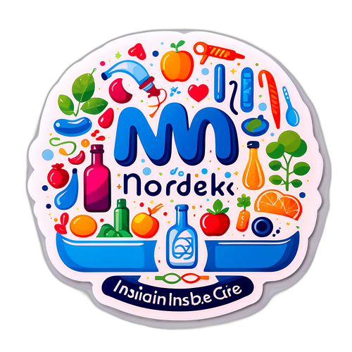 Et fantasifuldt design af Novo Nordisks logo sammenflettet med insulin symboler og sunde livsstils elementer