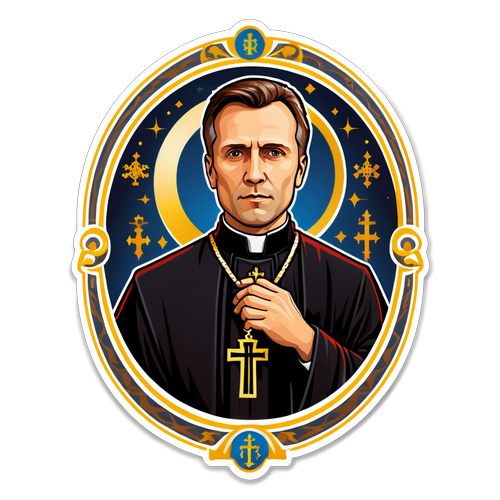 Stickers przedstawiające Marcina Romanowskiego z elementami Opus Dei w stylu gotyckim