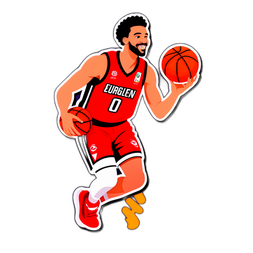 הוא לובש חולצה אופנתית עם לוגו יורוליג, דורס כדורסל בחיוך בטוח