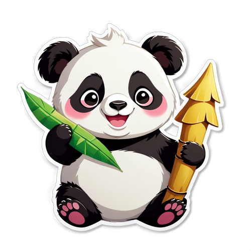 A Cute and Chubby Panda Holding a Bamboo Shoot with a Content Smile Sticker