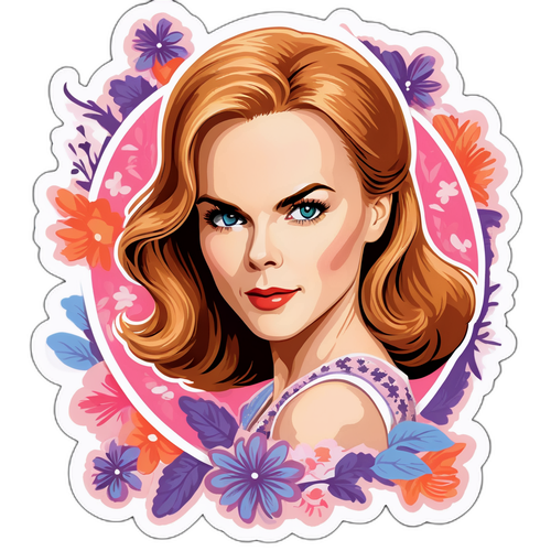 Un autocollant charmant de Nicole Kidman en pose glamour avec des éléments floraux en arrière-plan
