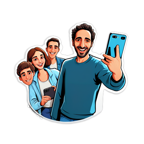 Dessin humoristique d'Elie Semoun prenant un selfie avec ses fans