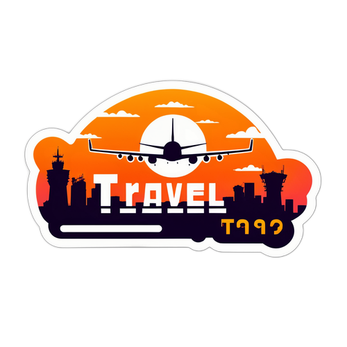 Стикер с силуэтом аэропорта Шереметьево на закате с надписью 'Travel!'