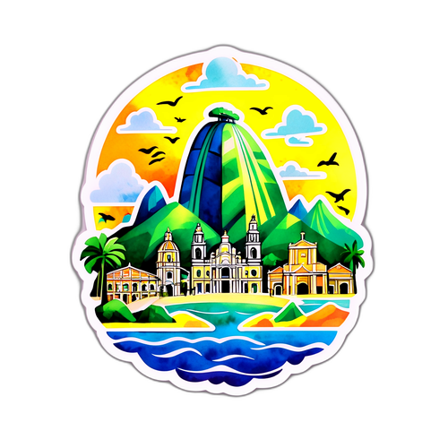 Wodcolorowa naklejka przedstawiająca ikoniczne miejsca w Rio de Janeiro