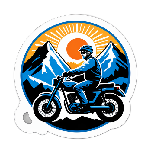 Sticker van Serge Pauwels op een fiets met bergen en een opkomende zon