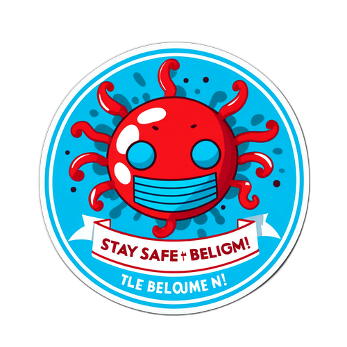 Sticker van een cartoonachtige virus met maskers
