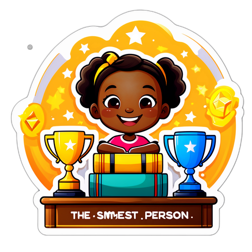 Een sticker van een blije Imane met een boekenkast vol trofeeën en 'De Slimste Persoon'