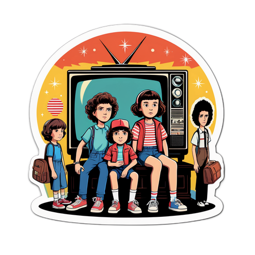 Ретро-стиль ілюстрація персонажів з "Дивних речей" на фоні старого телевізора