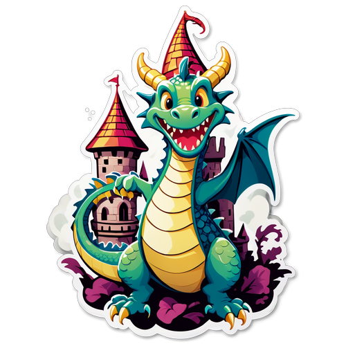 Whimsical Dragon Curled Around Castle Tower Sticker