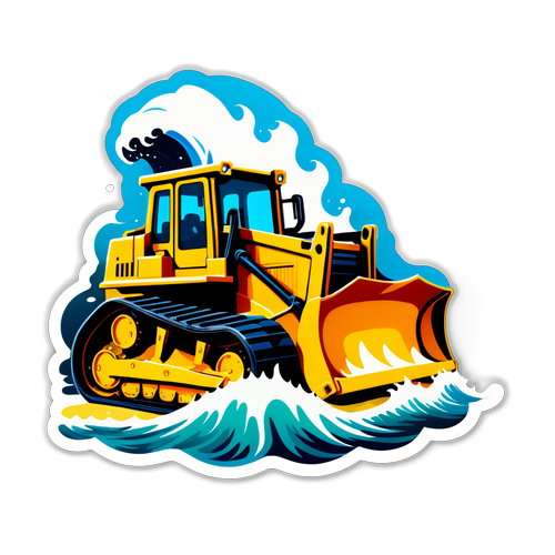 Ein Aufkleber mit einem leuchtenden Bulldozer, der Wellen am Strand bezwingt