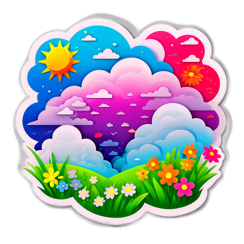 Hình ảnh mây đầy màu sắc với hoa và cỏ