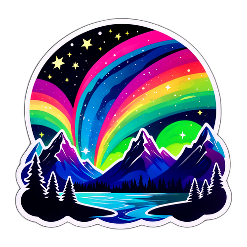 Стикер с Северным сиянием над горами