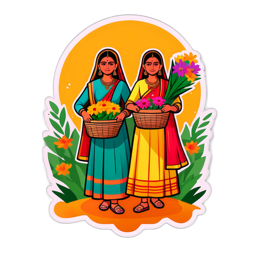 छठ पूजा के लिए ताजे फूलों के साथ टोकरे लिए महिलाएँ