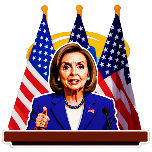 Sticker med Nancy Pelosi vid en podium med amerikansk flagga