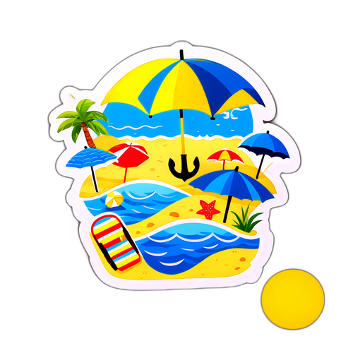 Sticker mùa hè với hình ảnh biển xanh, cát vàng và ô dù