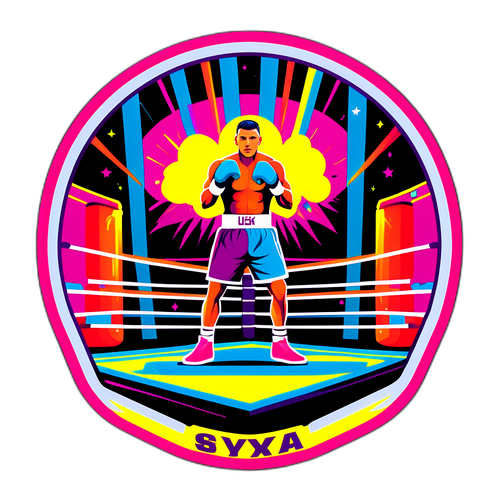 Design funky e retro di un ring di boxe con la silhouette di Usyk