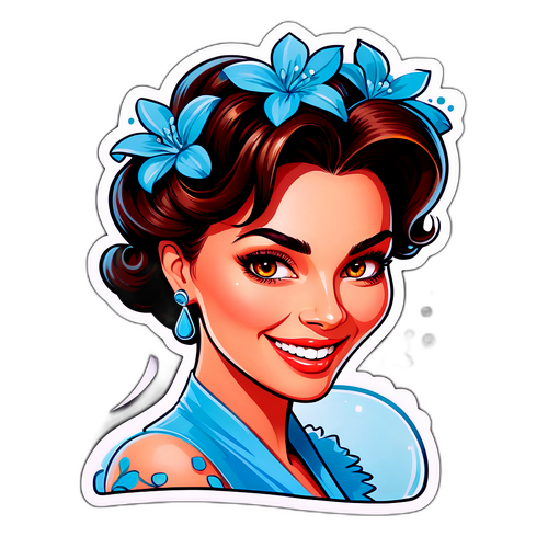 Sticker cu un design elegant al Irinei Fodor pe un fundal de sticlă, zâmbitoare