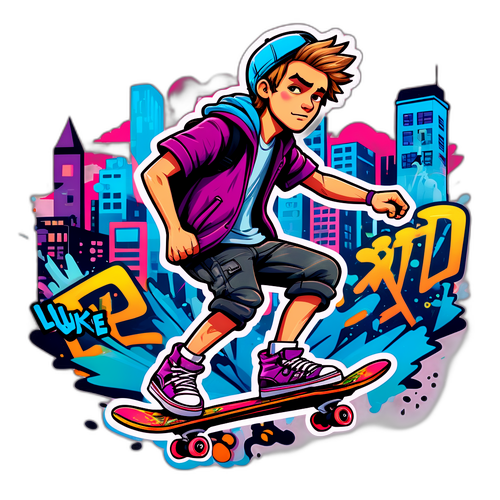 Ilustracja Luke'a Littlera na deskorolce w miejskim krajobrazie