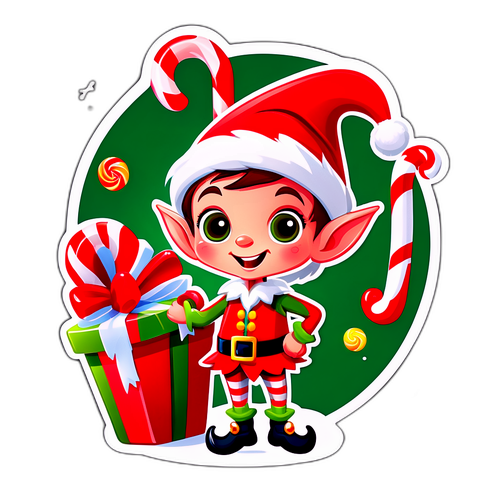 En söt tecknad julälv som glädjefyllt slår in presenter