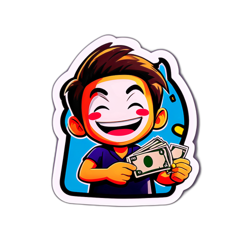 お金を持つ微笑むキャラクターの変形ステッカー