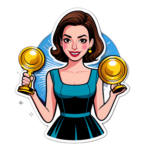Una caricatura de Anne Hathaway haciendo malabares con premios de cine en un entorno festivo