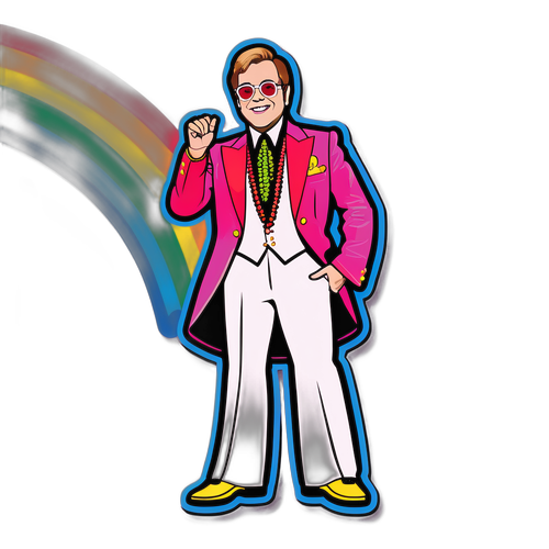 Elton John op het podium met een regenboog