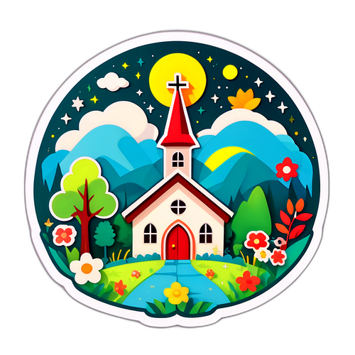 Makulay na Sticker ng Simbahan, Kalikasan, at Komunidad