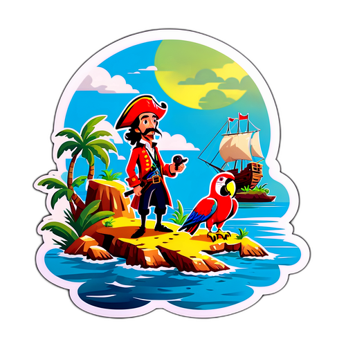 Illustration fantaisiste d'un flibustier sur une île déserte