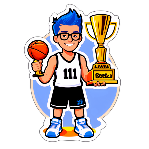 Un autocollant geek de Jake Laravia parmi ses trophées de basket, célébrant son succès.