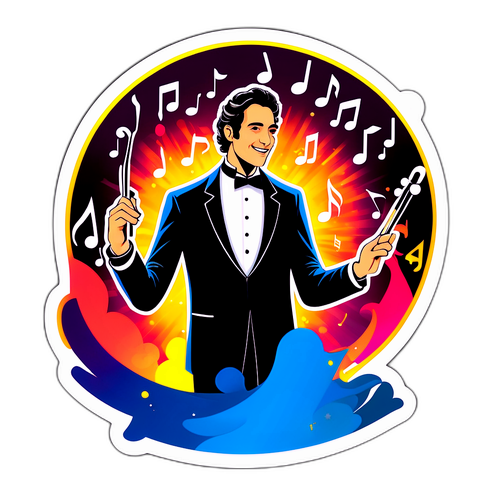 Een sticker van Lahav Shani die elk orkest conduceert, omringd door een stralende aura van muzieknoten