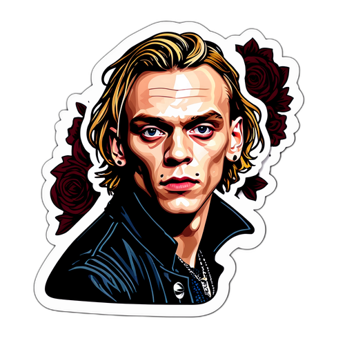 Autocollant de Jamie Campbell Bower dans un rôle dramatique avec un fond gothique intrigant