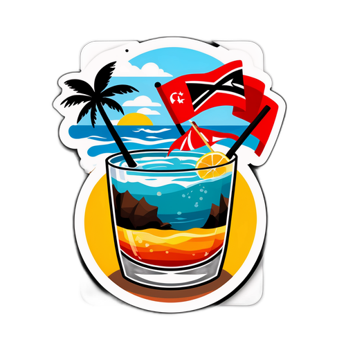 Стикер с морским пейзажем и коктейлем с ромом, олицетворяющим культуру Тринидада и Тобаго
