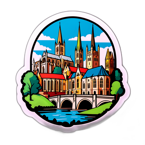 Fargerik klistrelapp med ikoniske landemerker fra Norwich