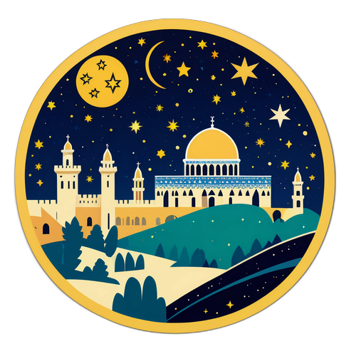 Sticker Mistik Menampilkan Mercu Tanda Penting Jerusalem di Bawah Langit Malam Berbintang
