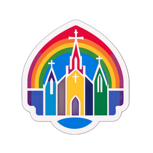 Adhesivo colorido del logo de la Iglesia Mormona con un arcoíris simbolizando diversidad e inclusión