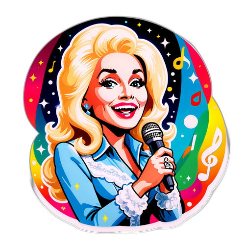 Autocolant ilustrativ cu Dolly Parton cântând pe o scenă