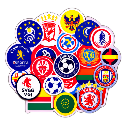 Tem dán với biểu tượng và logo của các đội bóng tham gia Europa Conference