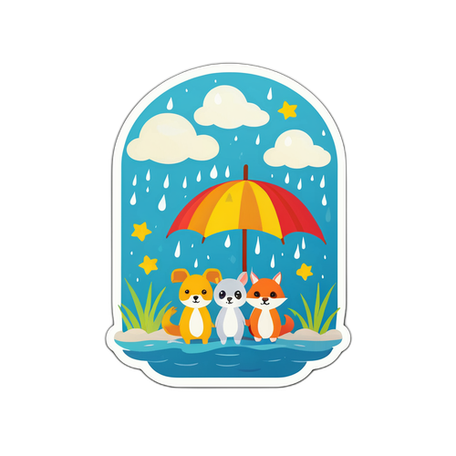 Autocollant Météo de Dunkerque avec des Animaux sous la Pluie